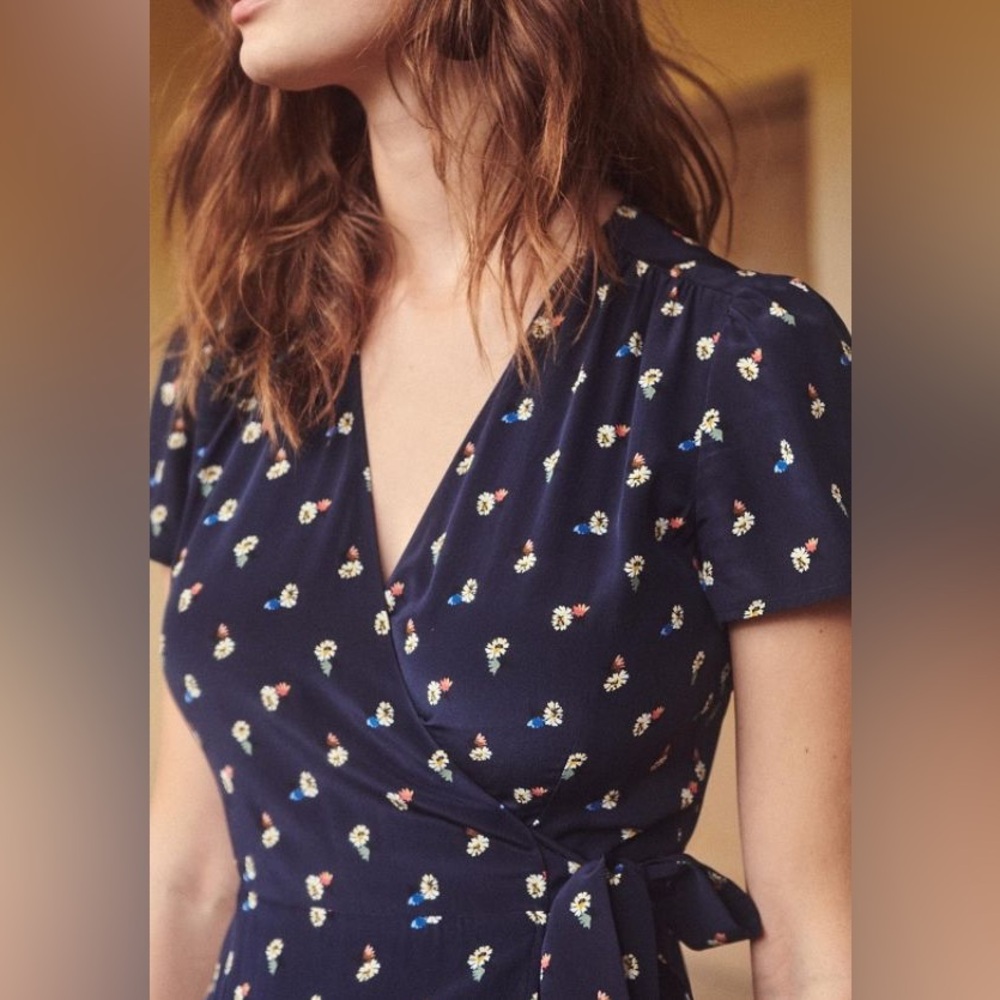 Sezane Navy Floral Midi Dress